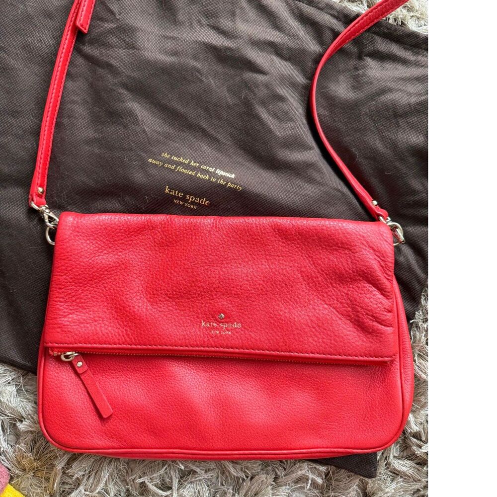 Kate Spade Red Genuine Leather Flap Foldover Crossbody Shoulder Handbag